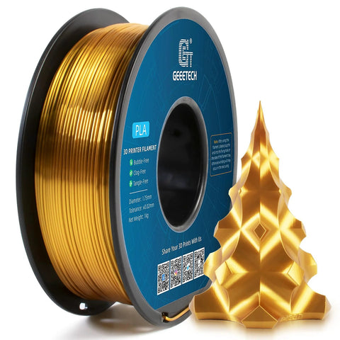 Geeetech Silk PLA filament spool, 1.75mm, metallic gold, 1 kg; side view with 1 gold 3D-printed tree