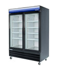 Two-Door Glass Merchandiser Refrigerator In Black 29 Cu Ft Capacity with clear glass doors and adjustable shelves.