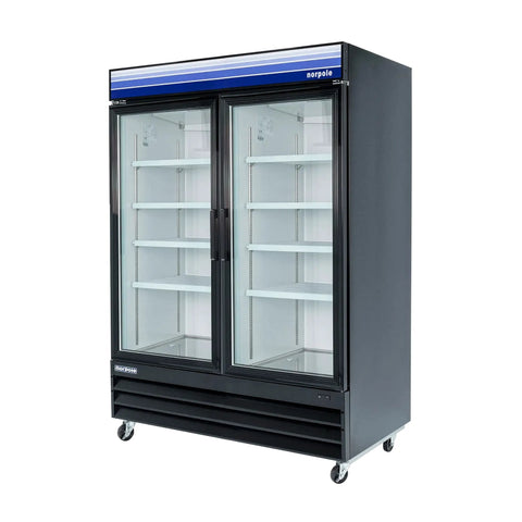 Two-Door Glass Merchandiser Refrigerator In Black 29 Cu Ft Capacity with clear glass doors and adjustable shelves.