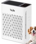 Large Room Air Purifier With HEPA H13 Filtration And Washable Filter For Pet Hair Odor Dust Smoke Covers Up To 1095 Sq Ft Sleep Mode And Timer Ideal For Bedroom Living Room beside a smiling dog