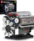 Dope V8 Engine Building Blocks Set With Battery Box And Motor, showcasing turbocharged pistons and transparent cylinder heads