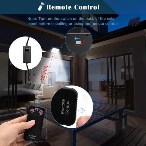 Remote control demonstration for 1000 Lumen 48 LED Solar Dusk To Dawn Outdoor Light With Remote Control Kit in patio setting at night