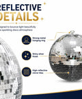 Reflective details of Disco Ball 12 Inch Hanging Mirror Ball For Party Decor And Home Vibe with shiny silver finish and ring.