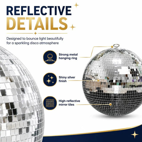 Reflective details of Disco Ball 12 Inch Hanging Mirror Ball For Party Decor And Home Vibe with shiny silver finish and ring.