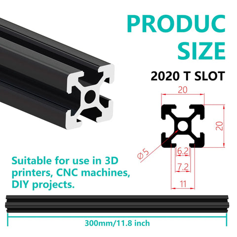 11.8 Inch European Standard T Slot Aluminum Extrusion Rail Kit, 4 Pieces, Anodized Black for 3D Printer and CNC DIY, High Strength Linear Motion Guide for Precision Builds. 2020 T-slot 300mm profile