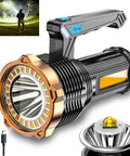 Beast Mode Ultra Bright USB Rechargeable LED Flashlight with 8 Modes and Hooks, 10000 Lumens, shown with USB cable and light beam