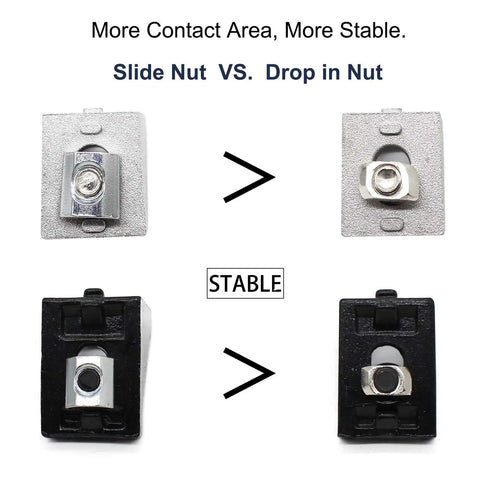 Comparison of slide nut vs drop in nut stability for 10 Series Aluminum Extrusion Corner Bracket Set With 1x1 Inch 90 Degree Connectors.