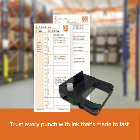 Top Tier Cr1000 Replacement Ribbon Cartridge For One Time Clock And Date Stamp Machine with printed timecards in background.