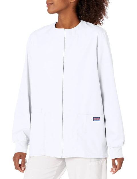 Women Snap Front Warm Up Jacket White Large With Round Neck Short Length Featuring Two Big Patch Pockets And A Handy Cell Phone Pocket