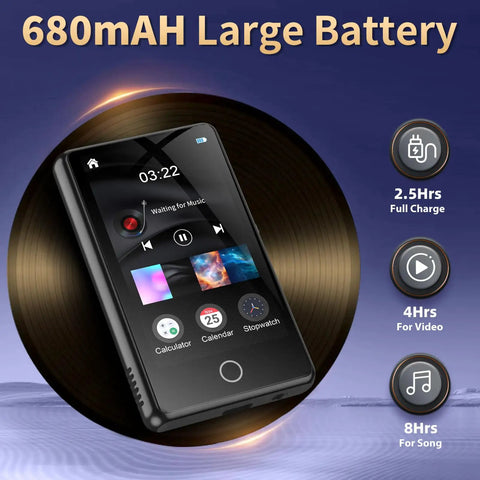 Kids Bluetooth MP3 Player With 80GB Memory, Portable HiFi Sound with 680mAh battery display and icons shown on screen.