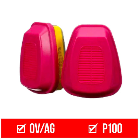 Replacement Organic Vapor And Acid Gas Cartridge With P100 Filter For Multi-Purpose Respirator 60923H1-DC, two red cartridges