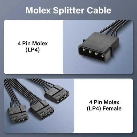 Molex Splitter Power Cable LP4 4 Pin Male To 3 4 Pin Female Y Cable For IDE Hard Drives And CD DVD Drives, PSU Power Extension, Copper Conductors, Durable IDE Peripheral Connector, 45cm cable
