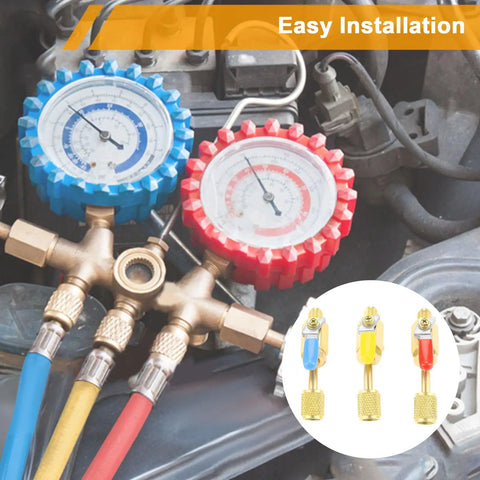 Quarter Inch SAE Refrigerant Ball Valve For R410A R134A R12 R22 HVAC, Low Loss Shutoff With Quick Tight Fittings shown in use
