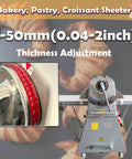 Heavy-Duty 20 Inch Dough Sheeter Machine With Reversible Roller And Adjustable Thickness Control From One To Fifty Millimeters close-up of thickness adjustment dial.