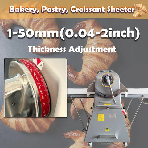 Heavy-Duty 20 Inch Dough Sheeter Machine With Reversible Roller And Adjustable Thickness Control From One To Fifty Millimeters close-up of thickness adjustment dial.