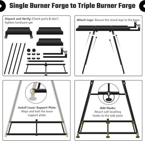 Assembly instructions for Heavy Duty Blacksmith Forge Stand For Single, Double, And Three Burner Kits Heat Resistant Steel Propane Forge Stand For Blacksmith Starter Kit 36 Inch Tool Stand.