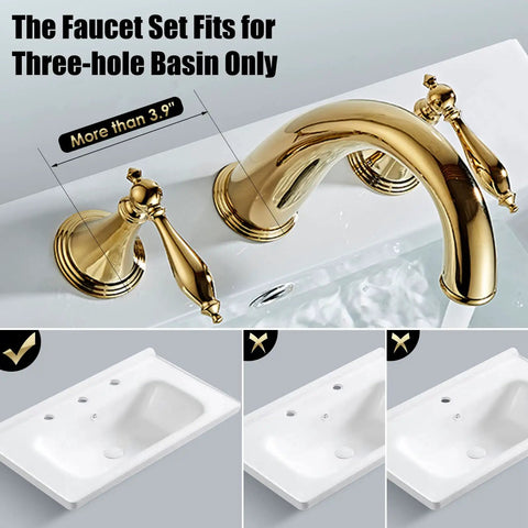 Polished Gold 3 Hole Bathroom Faucet Set With Overflow Pop Up Drain Easy Install Widespread Brass Two Handle Bath Tub Faucet