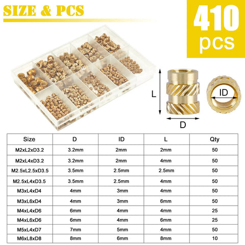 410 Pieces Threaded Inserts Kit For 3D Printing With M2, M2.5, M3, M4, M5, And M6 Sizes, Brass Knurled Nuts, Clear Organizer Case