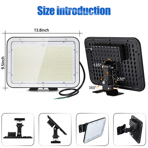 Crazy Bright 200W LED Flood Light 24000LM Daylight 5000K IP66 Waterproof with adjustable metal bracket and size dimensions.