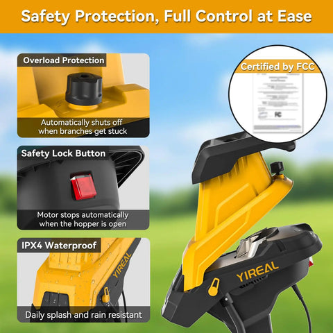 Upgraded Three-Blade Electric Wood Chipper Shredder With 15 Amp Motor Handles Branches Up To 1.8 Inches Thick, safety features