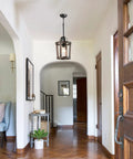 Dope Farmhouse Oak Wood Island Pendant Light With Bronze Finish hanging in hallway, 1 light, 59 inch chain; suitable for foyer.