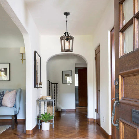 Dope Farmhouse Oak Wood Island Pendant Light With Bronze Finish hanging in hallway, 1 light, 59 inch chain; suitable for foyer.