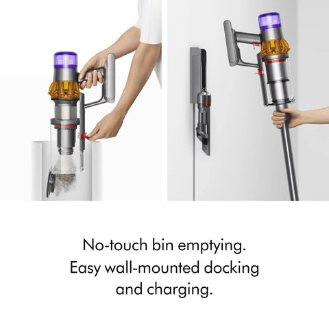 V15 Detect Cordless Vacuum Cleaner with Smart Dust Detection and Power Trigger in use, showing bin emptying and wall-mounted docking