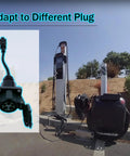 J1772 To Nema 5-20 Ev Charging Adapter With Compact Cable For Ebikes Electric Scooters And Unicycles shown next to charging station.