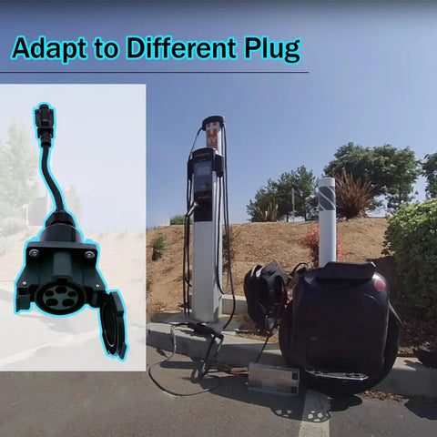 J1772 To Nema 5-20 Ev Charging Adapter With Compact Cable For Ebikes Electric Scooters And Unicycles shown next to charging station.