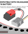 18V To 12V Buck Converter For M18 Battery, 240W DC Regulator with switch, compatible with Milwaukee 48-11 series, shown with connector cables.