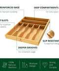 Premium Bamboo Utensil Rack And Silverware Organizer For Kitchen Drawers, 7 Slot Cutlery Tray With Grooved Dividers, Natural Finish