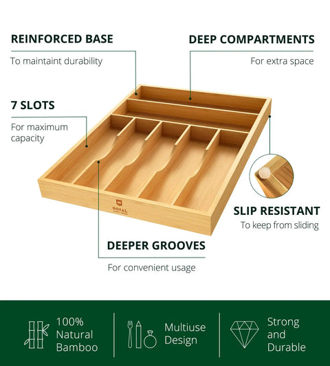 Premium Bamboo Utensil Rack And Silverware Organizer For Kitchen Drawers, 7 Slot Cutlery Tray With Grooved Dividers, Natural Finish