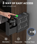 Biometric Gun Safe With Slider Access, Heavy Steel Pistol Lock Box shown with 3 ways quick access for nightstand or desk use.