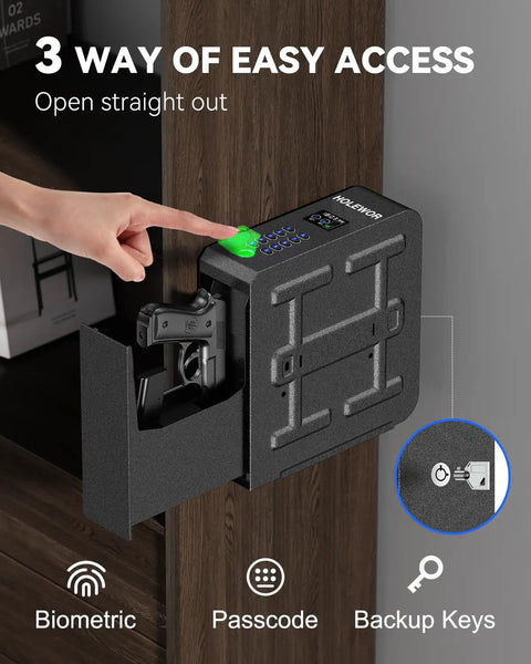 Biometric Gun Safe With Slider Access, Heavy Steel Pistol Lock Box shown with 3 ways quick access for nightstand or desk use.