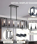 Modern Farmhouse 5 Light Kitchen Island Pendant Chandelier In Black Metal, Adjustable Rotatable Frame, UL sockets, metal detail