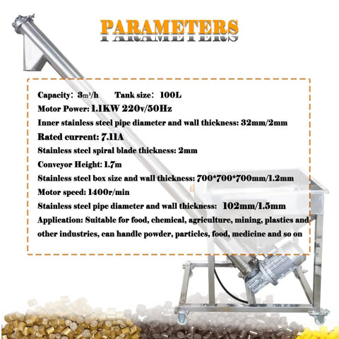 Heavy Duty Automatic Screw Feeder And Stainless Steel Powder Conveyor With Vibrating Hopper For Spices And Granules, 100L tank, 1.7m height.