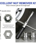 26 Piece Damaged Screw And Bolt Extractor Set with left hand cobalt drill bits beside wheel