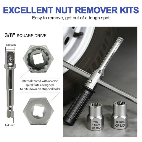 26 Piece Damaged Screw And Bolt Extractor Set with left hand cobalt drill bits beside wheel