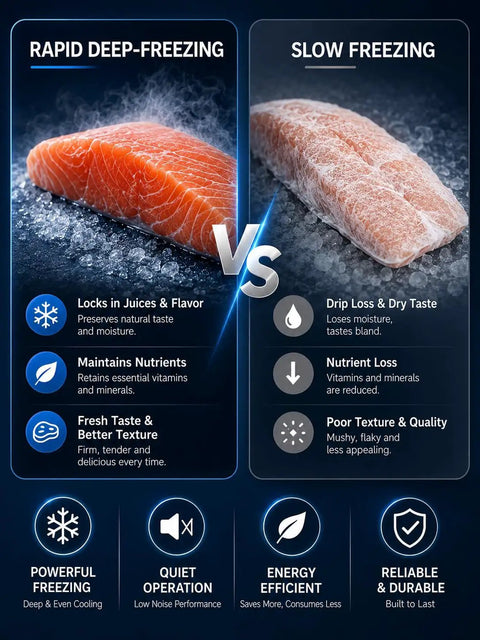 Contrasting effects of Rapid Deep-Freezing and Slow Freezing on food quality, focuses on preserving taste and nutrients.