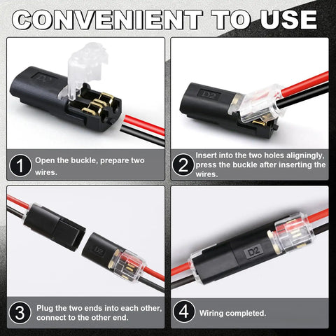 Step-by-step connection tutorial for 50 Pack Double Wire Plug In Connectors For LED Light Strips Low Voltage 2 Pin With Locking Buckle