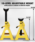 Front view of two yellow 3-ton car jack stands with double locking and large foot bases.
