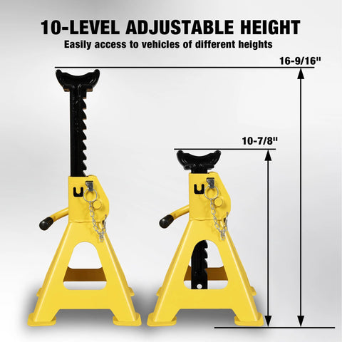 Front view of two yellow 3-ton car jack stands with double locking and large foot bases.