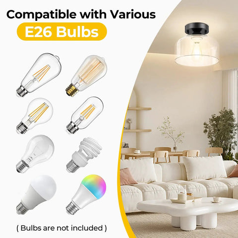Solid Fit Clear Glass Semi Flush Mount Ceiling Light With Heavy Duty Metal Frame And Matte Black Finish Bulbs Not Included, E26 bulbs showcased.
