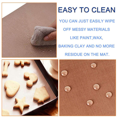 4 Pack PTFE Teflon Sheets For Heat Press, 16 X 20 Inches, easy to clean, showing water repellency and baking use with cookies.