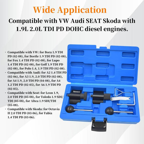 Diesel Engine Camshaft And Crankshaft Alignment Locking Timing Tool Kit For Volkswagen Audi Seat Skoda 1 9L 2 0L TDI PD DOHC Diesel Engines 7 Piece Set DIY Friendly For Precise Timing Smooth Assembly And Quick Engine Service in open blue case