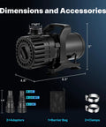Diagram showing Beast Mode Adjustable Flow Pond Pump dimensions, accessories including 2 adaptors, barrier bag, clamps