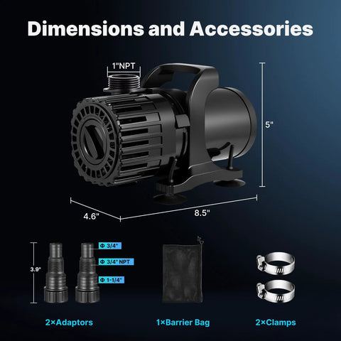 Diagram showing Beast Mode Adjustable Flow Pond Pump dimensions, accessories including 2 adaptors, barrier bag, clamps