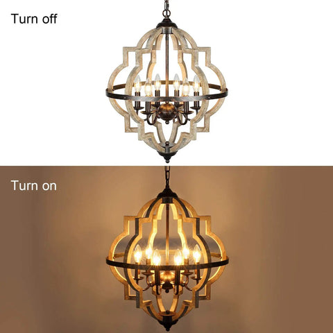 21-Inch Farmhouse Chandelier With 6-Light Rustic Wood Light Fixture For Dining Room, Kitchen, Foyer And Bedroom, turned off and on