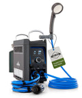 Propane Water Heater And Rechargeable Portable Outdoor Shower System With Shower Head Attachment Delivers Instant Hot Water For Camping, Hiking, Glamping And Vacationing On The Go, blue and black unit with coiled hose and shower head.