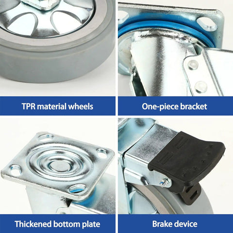 Mavvilo Heavy-Duty Swivel Caster Wheels 4-Inch Industrial Office Wheels with Brake, showing TPR wheels, thickened plate, and brake device.